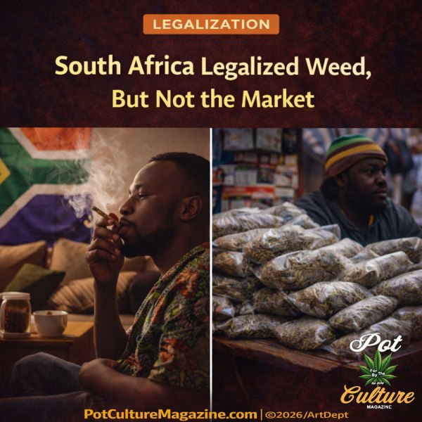 Feature image for Pot Culture Magazine under the category Legalization titled “South Africa Legalized Weed, But Not the Market.” The image is split into two. On the left, a man smokes cannabis indoors with a South African flag in the background. On the right, another man stands behind a table stacked with bagged cannabis in an informal market setting. PotCultureMagazine.com | ©2026/ArtDept appears at the bottom right.