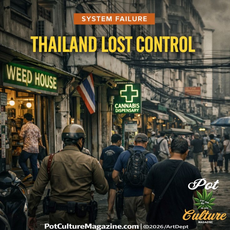 SYSTEM FAILURE” and “THAILAND LOST CONTROL.” Image shows a busy street in Thailand with multiple pedestrians walking past storefronts, including a shop sign reading “WEED HOUSE” and a neon green cross sign reading “CANNABIS DISPENSARY.” A Thai flag hangs outside a building, and dense overhead utility wires run across the street. A uniformed officer is visible from behind among the crowd. Bottom text reads “PotCultureMagazine.com | ©2026/ArtDept,” with Pot Culture Magazine logo in the lower right corner.