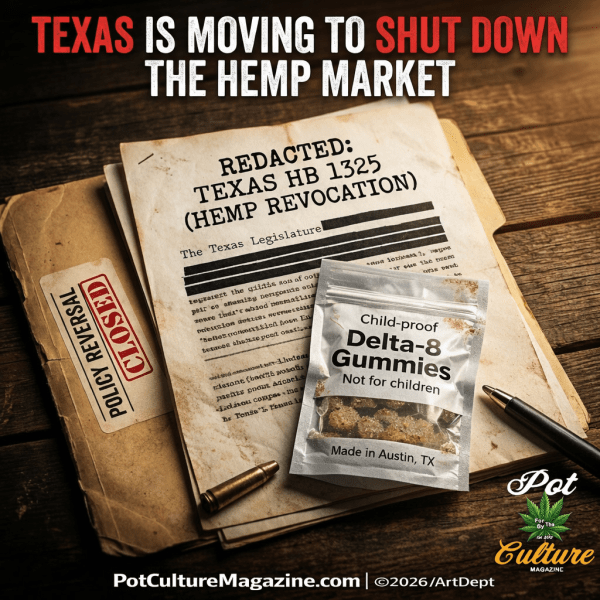 Feature image titled “Texas Is Moving to Shut Down the Hemp Market.” A red and white headline sits above a desk scene showing a manila folder stamped “Policy Reversal – Closed,” with a document labeled “REDACTED: TEXAS HB 1325 (HEMP REVOCATION)” partially blacked out. The document references the Texas Legislature. A package labeled “Child-proof Delta-8 Gummies – Not for children – Made in Austin, TX” rests on top, alongside a pen and a brass bullet casing. PotCultureMagazine.com | ©2026/ArtDept appears at the bottom.