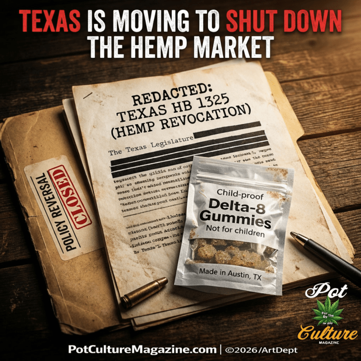 Feature image titled “Texas Is Moving to Shut Down the Hemp Market.” A red and white headline sits above a desk scene showing a manila folder stamped “Policy Reversal – Closed,” with a document labeled “REDACTED: TEXAS HB 1325 (HEMP REVOCATION)” partially blacked out. The document references the Texas Legislature. A package labeled “Child-proof Delta-8 Gummies – Not for children – Made in Austin, TX” rests on top, alongside a pen and a brass bullet casing. PotCultureMagazine.com | ©2026/ArtDept appears at the bottom.