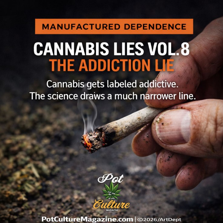 Lit cannabis joint with “Cannabis Lies Vol. 8: The Addiction Lie” text about addiction claims, with Pot Culture Magazine logo and PotCultureMagazine.com visible.