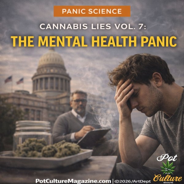 Alt text: Graphic labeled “PANIC SCIENCE: Cannabis Lies Vol. 7 – The Mental Health Panic,” showing a distressed man holding his head beside a table with cannabis, with smoke in the air and a second man in the background writing on a clipboard in front of a government building, PotCultureMagazine.com and Pot Culture Magazine logo visible at the bottom.