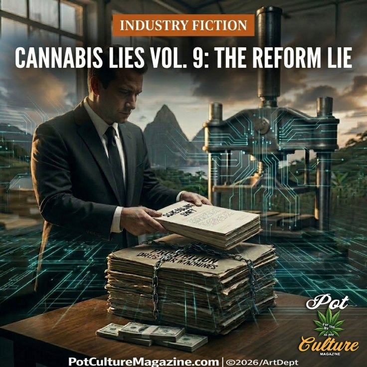 Man in a suit standing at a wooden table in an industrial style room, examining chained papers labeled Prohibition Drug War Machines with bundles of cash nearby, digital circuit graphics overlaid across the scene, mountains visible through large windows in the background, shown under an Industry Fiction headline about cannabis lies and reform, with the Pot Culture Magazine logo and PotCultureMagazine.com at the bottom.