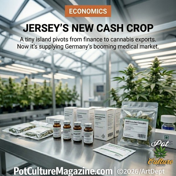 Modern greenhouse filled with rows of cannabis plants under bright grow lights, stainless steel table in the foreground displaying packaged medical cannabis products including bottles labeled AcanVet and Medizinisches Cannabis indicating export to Germany, scene shown under an Economics header about Jersey’s new cash crop and its shift from finance to cannabis exports, with the Pot Culture Magazine logo and PotCultureMagazine.com at the bottom.