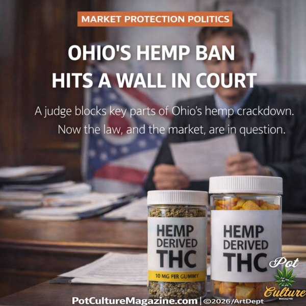 “Ohio’s hemp ban hits a wall in court” graphic explaining a judge blocked key parts of Ohio’s hemp crackdown, with hemp-derived THC products in the foreground and a judge in the background, with Pot Culture Magazine logo and PotCultureMagazine.com visible.