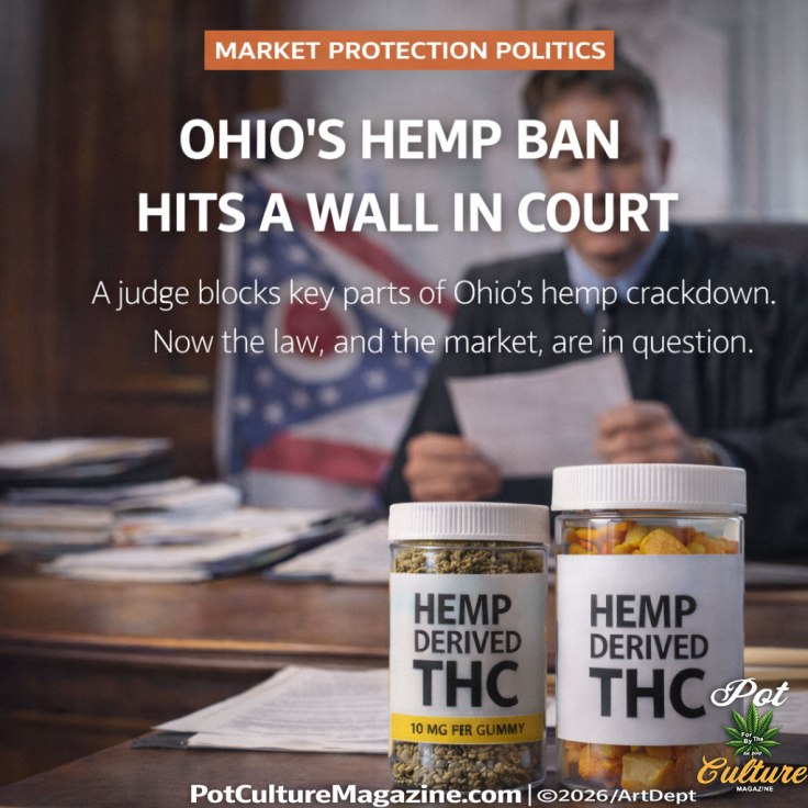 “Ohio’s hemp ban hits a wall in court” graphic explaining a judge blocked key parts of Ohio’s hemp crackdown, with hemp-derived THC products in the foreground and a judge in the background, with Pot Culture Magazine logo and PotCultureMagazine.com visible.