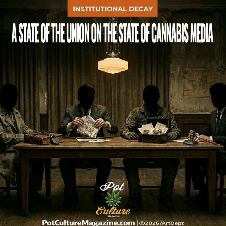 Four faceless figures seated at a wooden table in a dimly lit worn room, one holding a newspaper and another holding a box of papers, hanging lamp above casting a narrow pool of light, scene evoking secrecy and institutional decline, shown under an Institutional Decay banner and a headline about a state of the union on the state of cannabis media, with the Pot Culture Magazine logo and PotCultureMagazine.com at the bottom