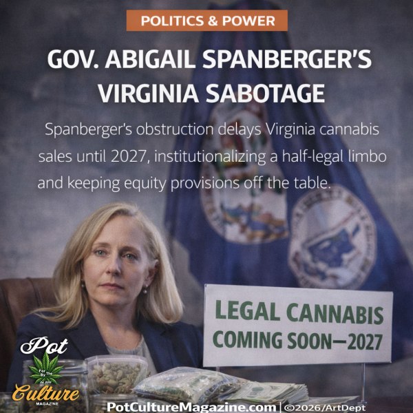 Governor Abigail Spanberger seated at a desk with jars and bags of cannabis in front of her and the Virginia state flag behind her, under a Politics & Power headline about delaying legal cannabis sales until 2027, with a “Legal Cannabis Coming Soon—2027” sign on the desk and the Pot Culture Magazine logo with PotCultureMagazine.com at the bottom.