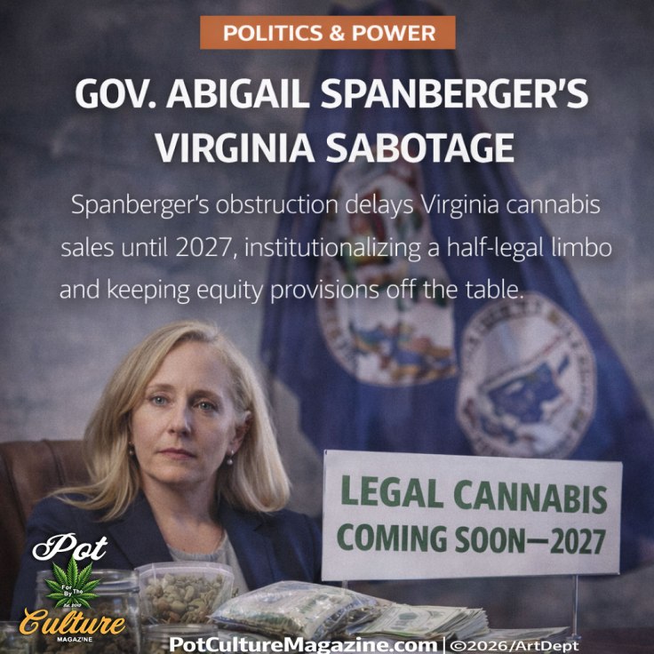 Governor Abigail Spanberger seated at a desk with jars and bags of cannabis in front of her and the Virginia state flag behind her, under a Politics & Power headline about delaying legal cannabis sales until 2027, with a “Legal Cannabis Coming Soon—2027” sign on the desk and the Pot Culture Magazine logo with PotCultureMagazine.com at the bottom.