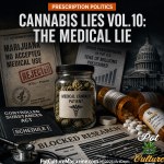 Feature image for “Cannabis Lies Vol. 10: The Medical Lie” showing a jar labeled “Medical Cannabis Patient” surrounded by opioid pill bottles, Schedule I documents, blocked research paperwork, and the U.S. Capitol in the background, with Pot Culture Magazine logo and PotCultureMagazine.com visible.