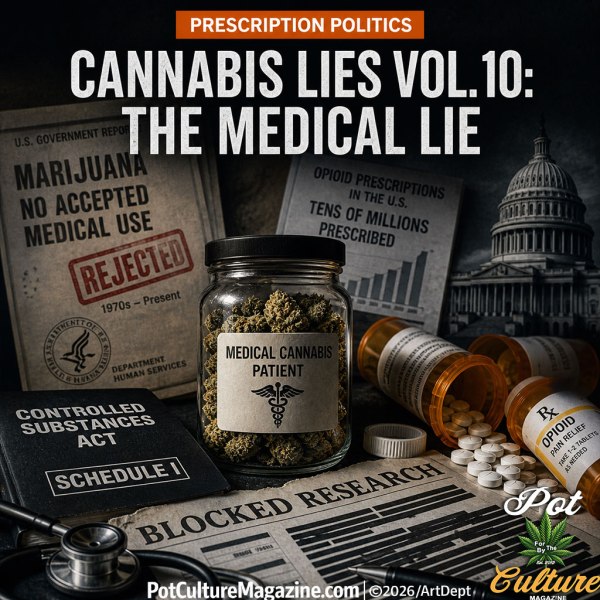 Feature image for “Cannabis Lies Vol. 10: The Medical Lie” showing a jar labeled “Medical Cannabis Patient” surrounded by opioid pill bottles, Schedule I documents, blocked research paperwork, and the U.S. Capitol in the background, with Pot Culture Magazine logo and PotCultureMagazine.com visible.