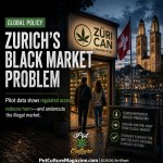 Feature image for “Zurich’s Black Market Problem” showing the Züri Can cannabis pilot storefront in Zurich with a Swiss flag, city buildings, and a sidewalk sign listing fewer reported health problems, demand shifting away from the illegal market, and stronger evidence for Switzerland’s national cannabis reform, with Pot Culture Magazine logo and PotCultureMagazine.com visible.